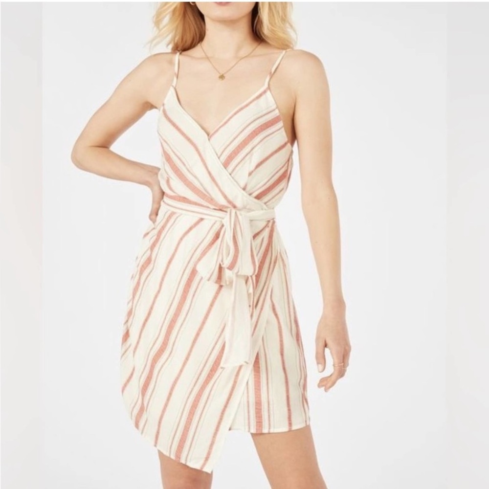 Linen wrap front striped dress